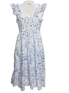 Hill House Home Dress Womens Medium Midi White/Blue Ellie Nap Botanical Cottage